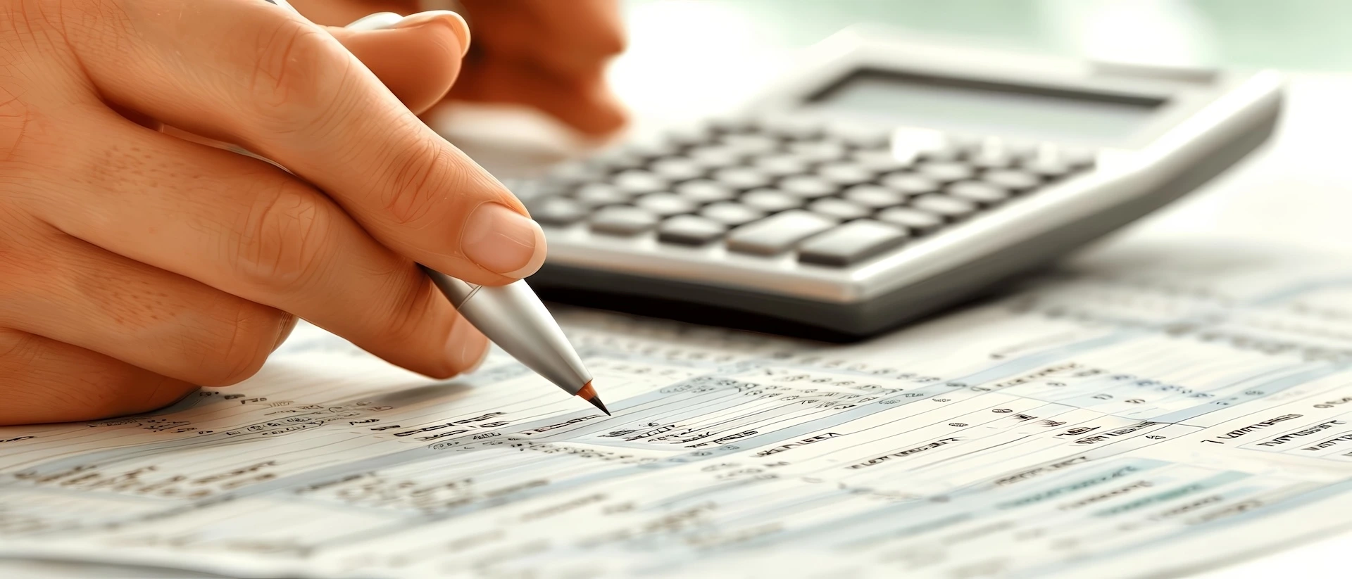 Hand holding a pencil filling out tax forms with a calculator in the background