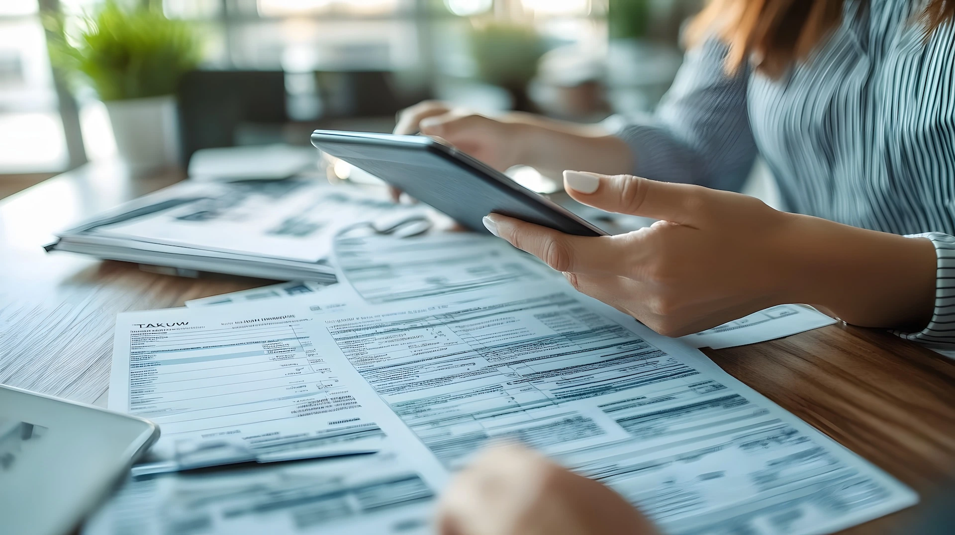 Woman using an ipad to do her taxes with receipts laid out across her desk